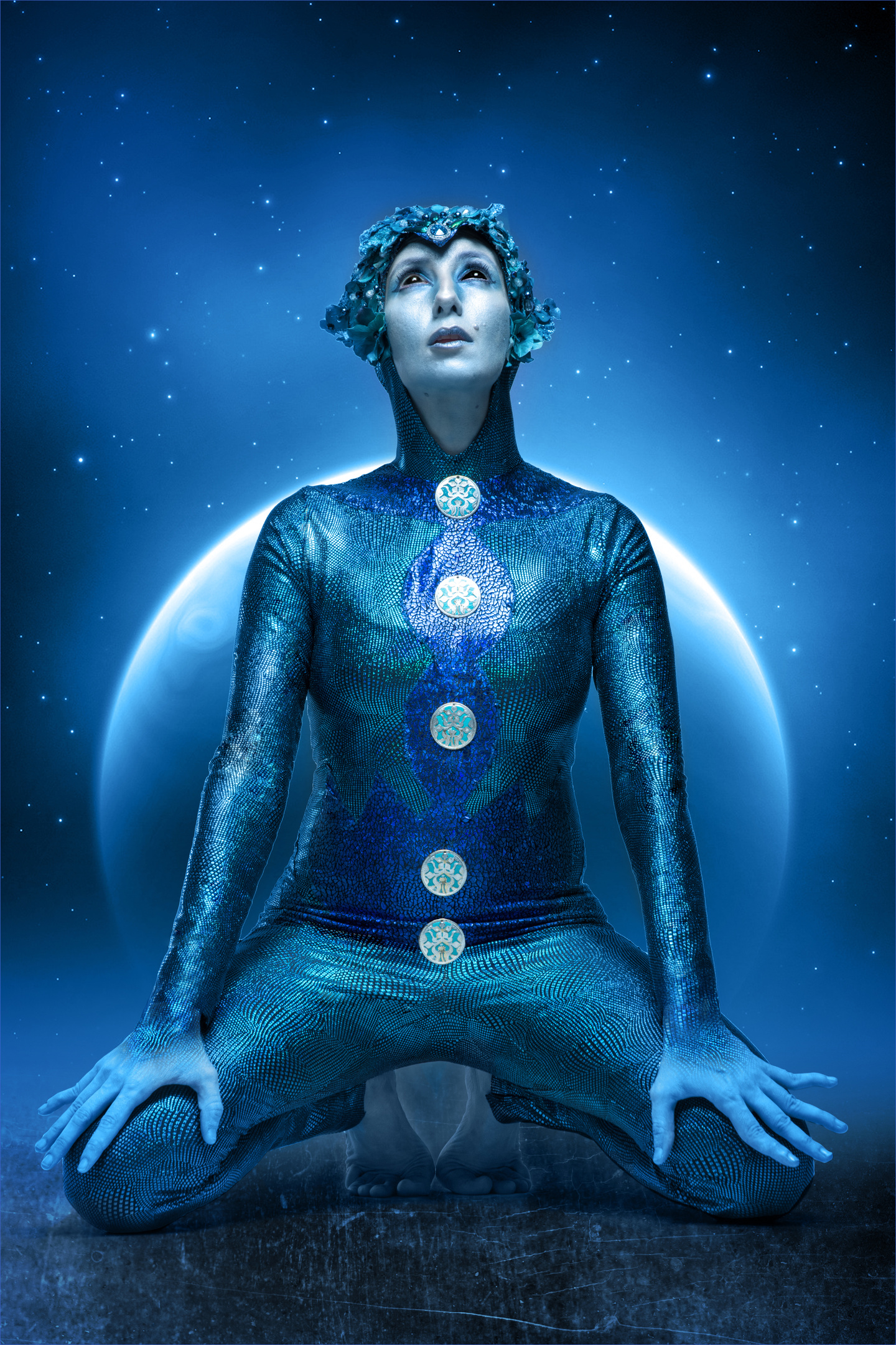 Blue futuristic portrait against a star field