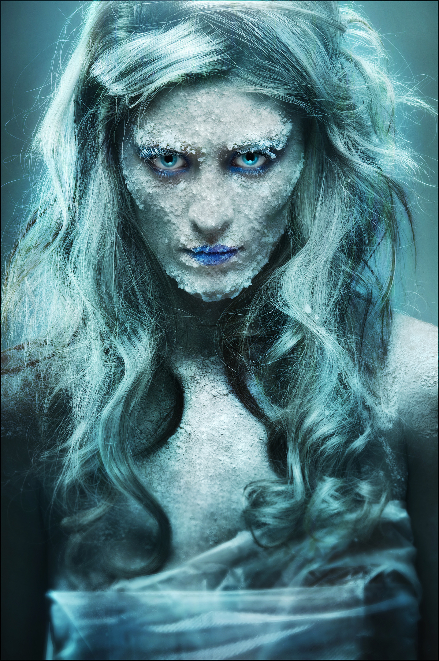 Ice-covered character portrait in cyan tones